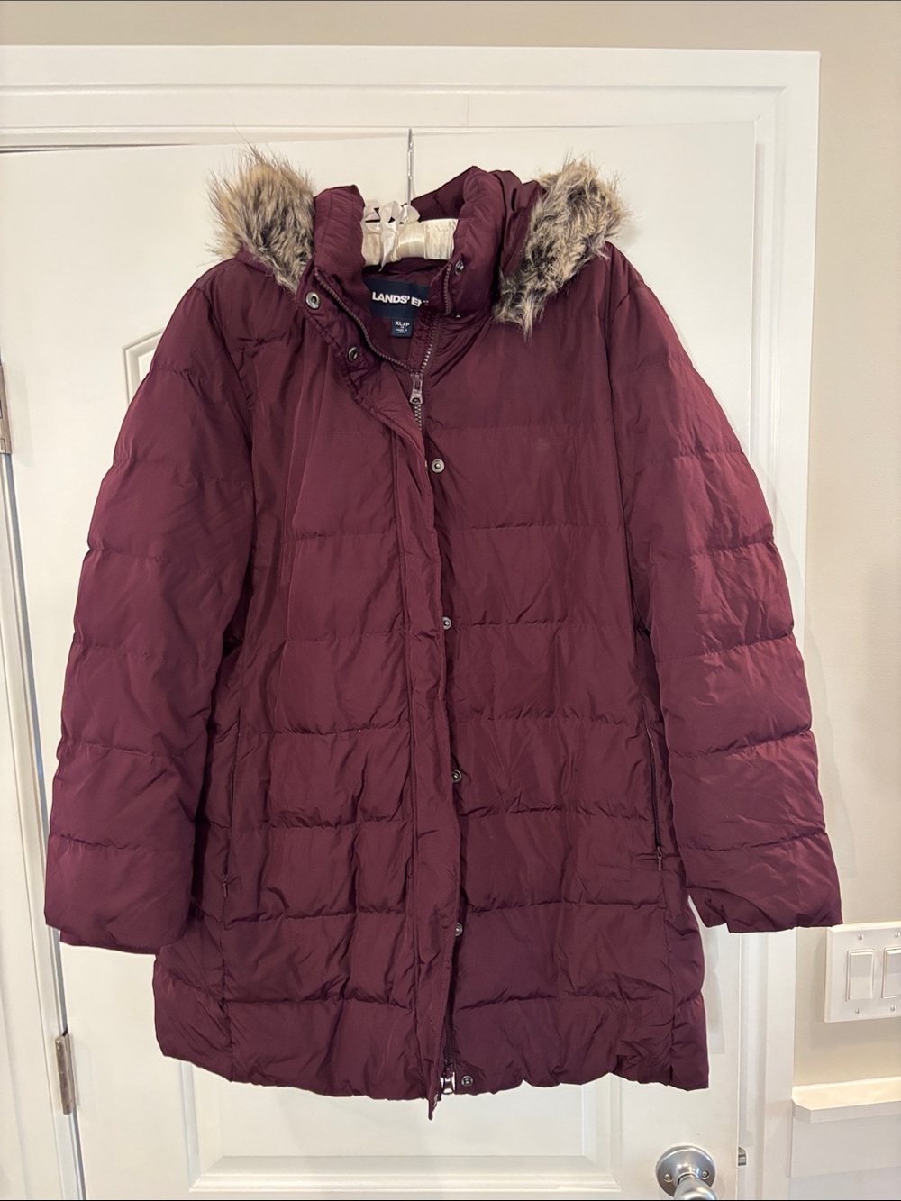 Lands' End Women's Wine Red Puffer Coat with Faux Fur Hood